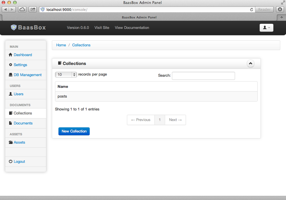 dashboard baasbox